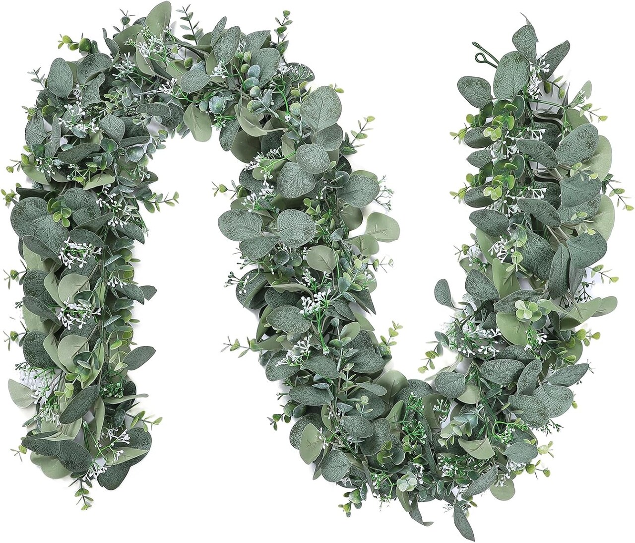 2Pack Artificial Eucalyptus Garland 6FT – Lush Silver Dollar Faux Greenery Vine with White Flowers, Hanging Eucalyptus Leaves Garland for Wedding, Baby Shower, Mantel, Party & Home Decor
